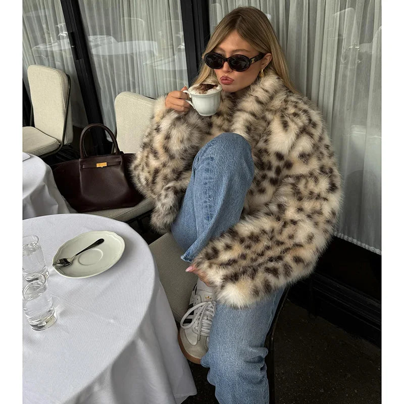 Leopard Print Faux Fur Jacket for Women Winter Thermal Outerwear Chic Long Sleeve Loose Warm Coat 2025 Lady Trendy Urban Outfit