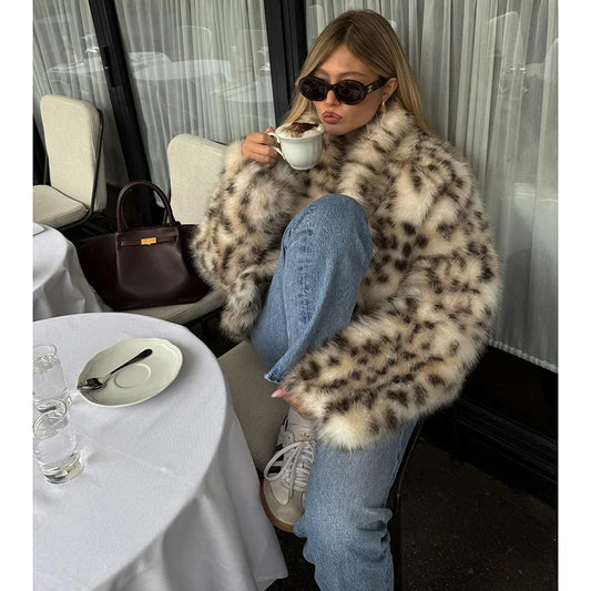 Leopard Print Faux Fur Jacket for Women Winter Thermal Outerwear Chic Long Sleeve Loose Warm Coat 2025 Lady Trendy Urban Outfit