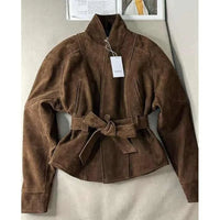 Women's Clothing Coffee Brown Suede Velvet Fitted Waist Short Jacket Korean Style Light Mature Style Windproof Trench Coat