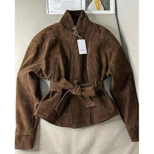 Women's Clothing Coffee Brown Suede Velvet Fitted Waist Short Jacket Korean Style Light Mature Style Windproof Trench Coat
