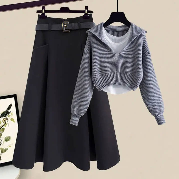 Oversized Women's Autumn Set New Fashion Slim and Versatile Strap Sweater Half Skirt Three Piece Set Fashion