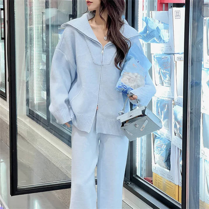 Spring Autumn Fashion Casual Loose Two Piece Set Knitted Zipper Long Sleeve Warm Cardigan Coat+Wide Leg Pants Suit Women Outfit