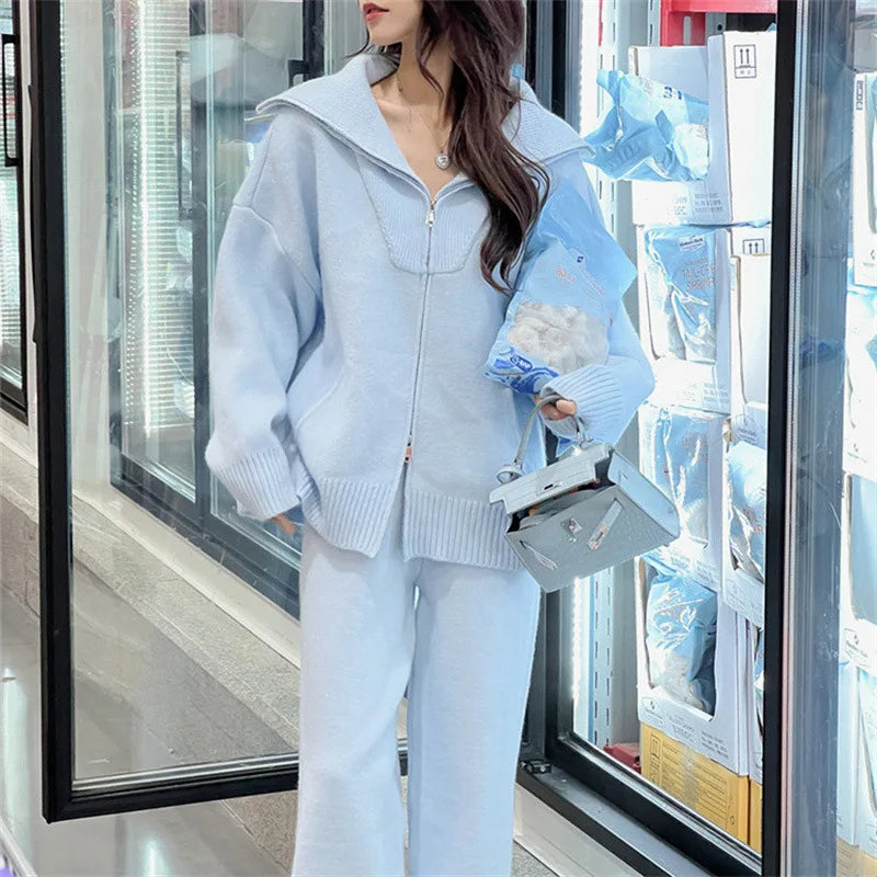 Spring Autumn Fashion Casual Loose Two Piece Set Knitted Zipper Long Sleeve Warm Cardigan Coat+Wide Leg Pants Suit Women Outfit