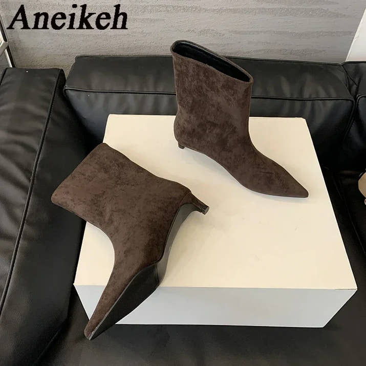 Aneikeh Sexy Women Pointed Toe Vintage Ankle Boots Thin Low Heel Warm Knight Boots Fashion Slip on Party Wedding Shoes Woman