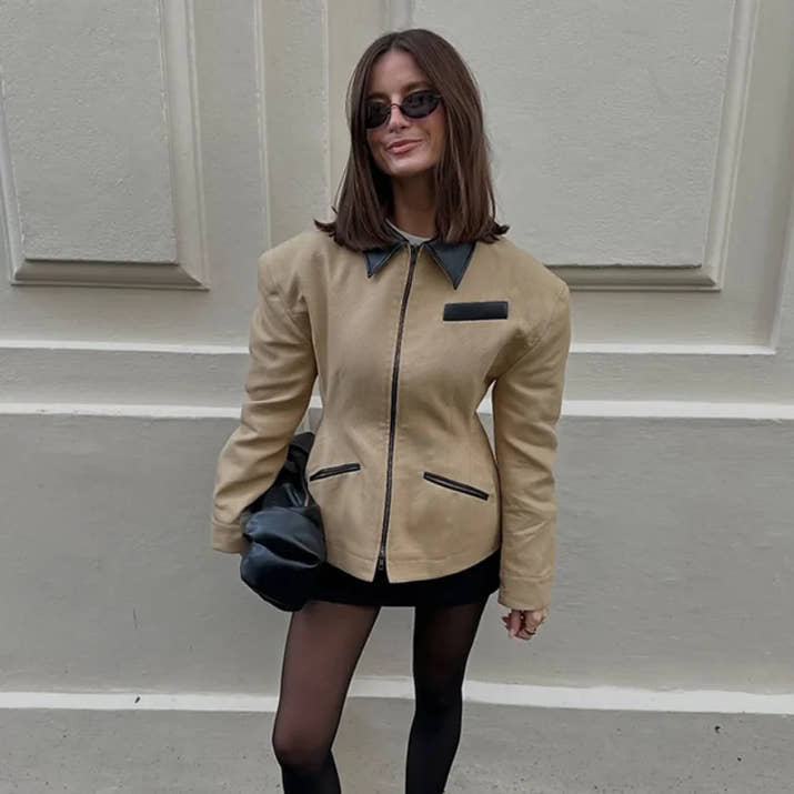 Leather Lapel Collar Double-head Zipper Short Jacket Casual High Street Style Coat 2025 Autumn Fashion Women's Clothing