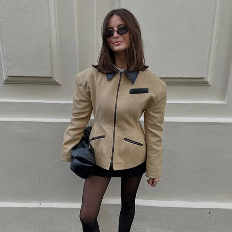 Leather Lapel Collar Double-head Zipper Short Jacket Casual High Street Style Coat 2025 Autumn Fashion Women's Clothing