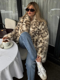 Leopard Print Faux Fur Jacket for Women Winter Thermal Outerwear Chic Long Sleeve Loose Warm Coat 2025 Lady Trendy Urban Outfit