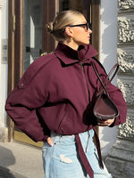 Burgundy Red Zipper Bomber Jacket Women Fashion Stand Collar Long Sleeve Pocket Short Coat Autumn Lady Daily Street Outerwear