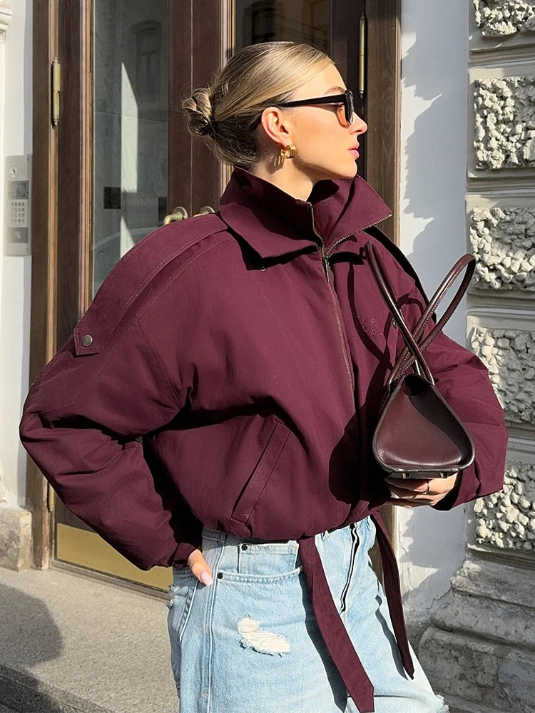 Burgundy Red Zipper Bomber Jacket Women Fashion Stand Collar Long Sleeve Pocket Short Coat Autumn Lady Daily Street Outerwear