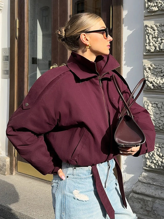 Burgundy Red Zipper Bomber Jacket Women Fashion Stand Collar Long Sleeve Pocket Short Coat Autumn Lady Daily Street Outerwear