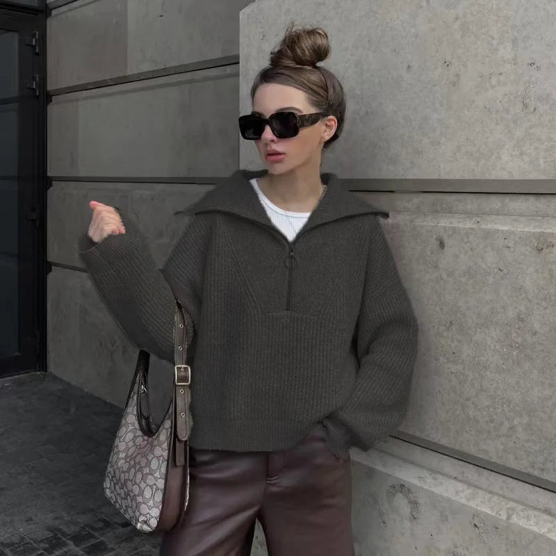 2025 Autumn/Winter Fashion Casual Solid Color Warm Fashion Knitted Women's Zipper Collar Sweater