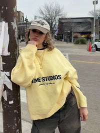 Yellow Knitted Letter Sweater Women Elegant Round Neck Long Sleeve Short Pullover Casual Lady New Street Autumn Holiday Sweaters