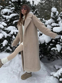 Women Long Coat Turn Down Collar Full Sleeve Thick Warm Y2k Streetwear Elegant Jackets Open Stith Autumn Winter 2025