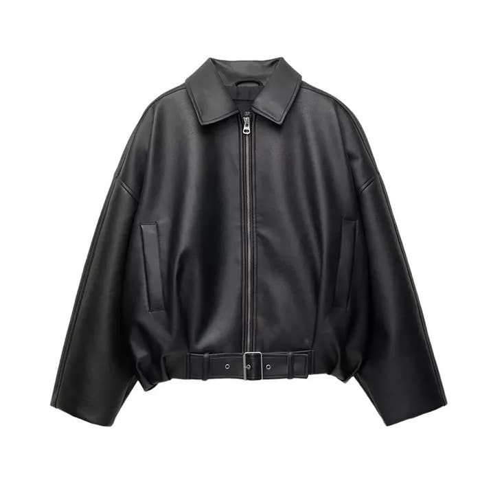 Retro Street Leather Jackets Women Loose Lapel Zipper Long Sleeves Pockets Lace Up Pu Coats Female 2025 Autumn New Chic Outwears