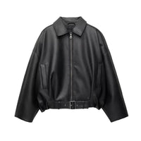 Retro Street Leather Jackets Women Loose Lapel Zipper Long Sleeves Pockets Lace Up Pu Coats Female 2025 Autumn New Chic Outwears