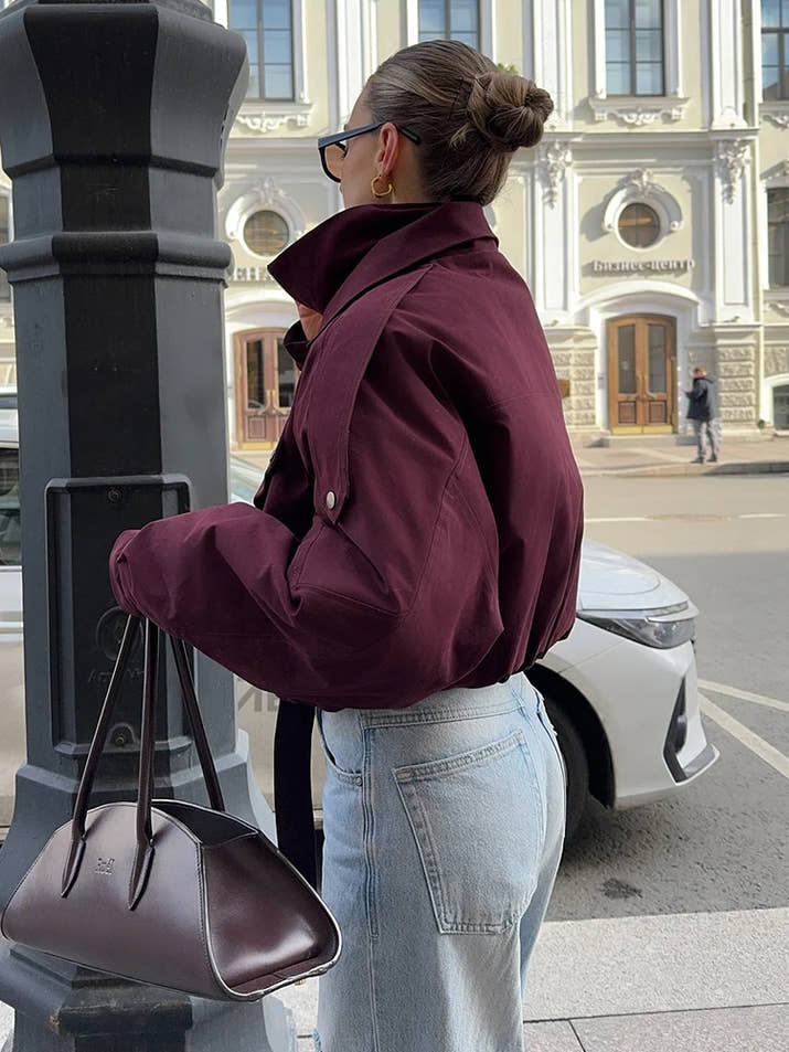 Burgundy Red Zipper Bomber Jacket Women Fashion Stand Collar Long Sleeve Pocket Short Coat Autumn Lady Daily Street Outerwear