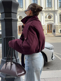 Burgundy Red Zipper Bomber Jacket Women Fashion Stand Collar Long Sleeve Pocket Short Coat Autumn Lady Daily Street Outerwear