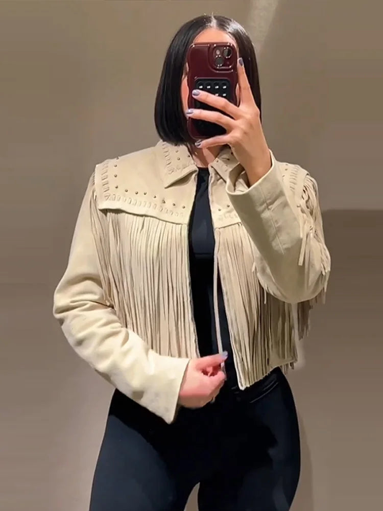 Designer Tassel Beading Jacket Women Vintage Turn-down Collar Long Sleeve Zipper High Street Coats 2025 Fashion Ladies Outerwear