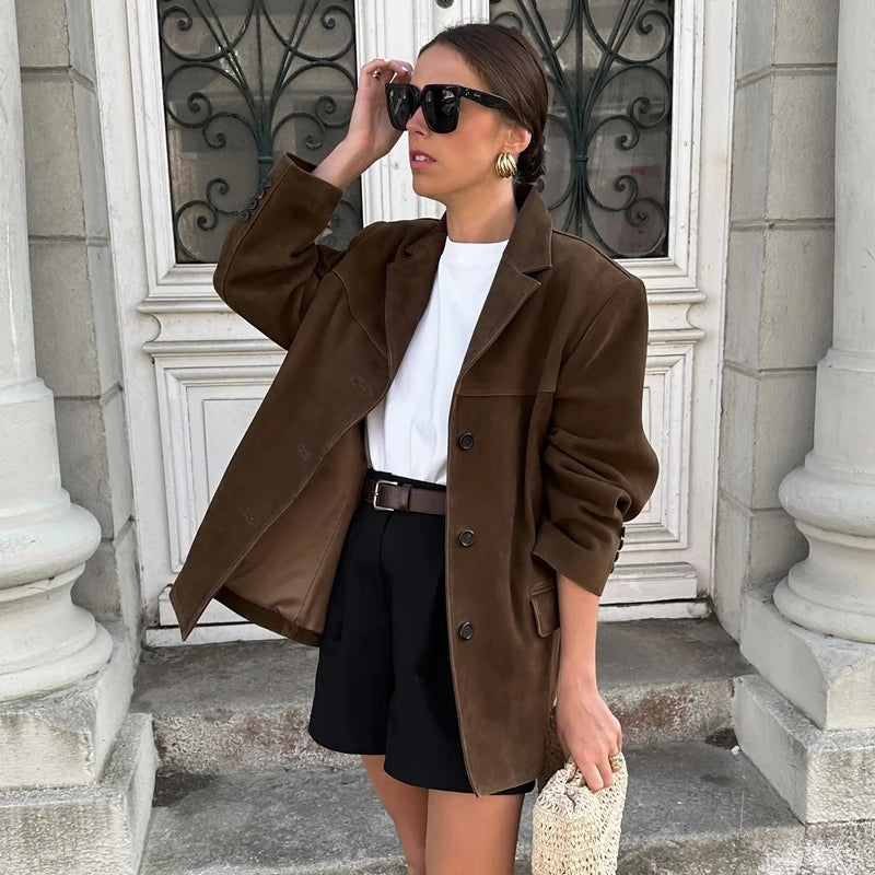 HXAO Women's Jacket Old money Jackets Brown Leather Suede Jacket Coat Vintage Demi-season Jacket Autumn Winter New in Outerwears