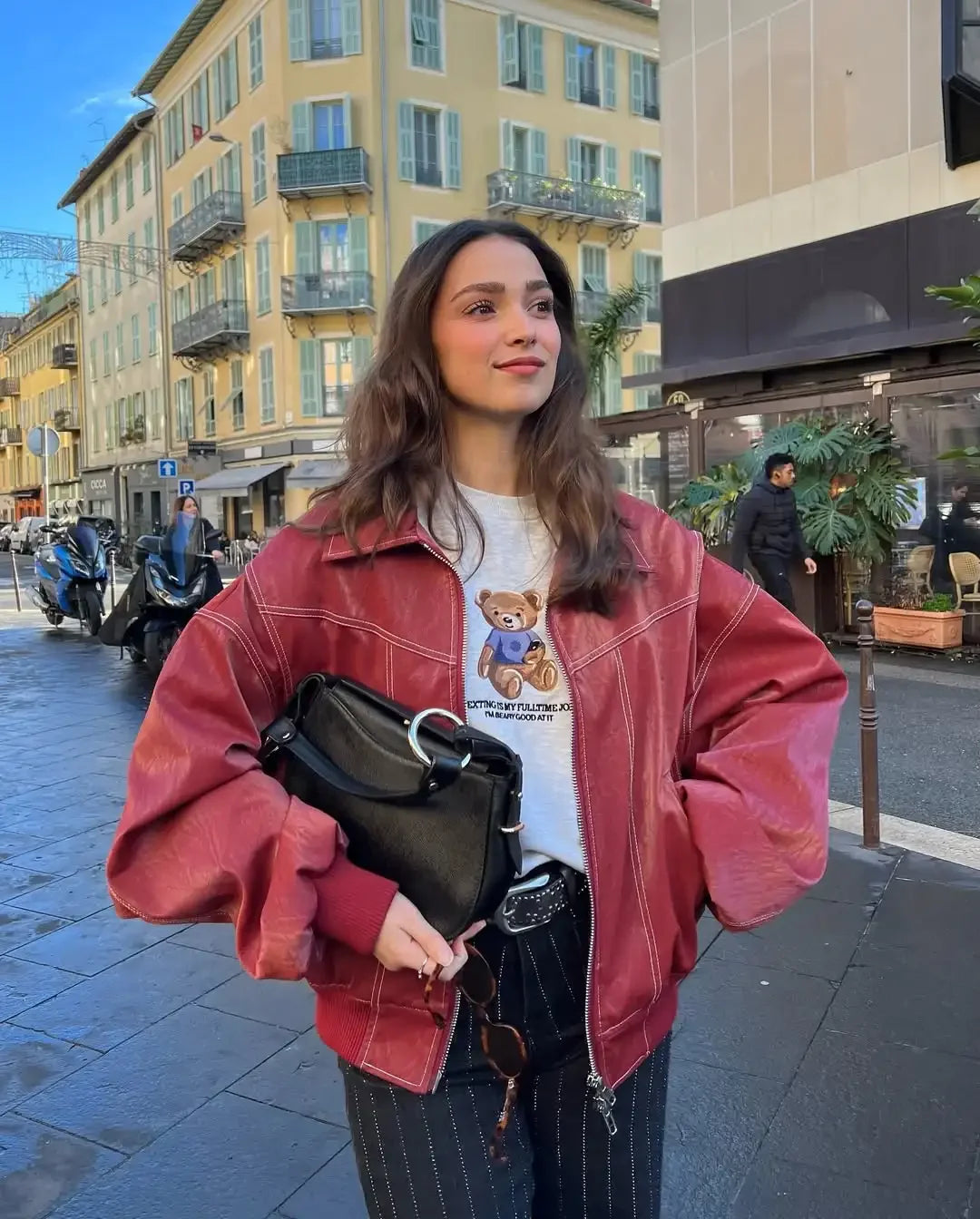 Fashion Short Red Leather Jacket Women Elegant Lapel Long Sleeve Zipper Loose Bomber Jackets Autumn Lady Street Outerwear
