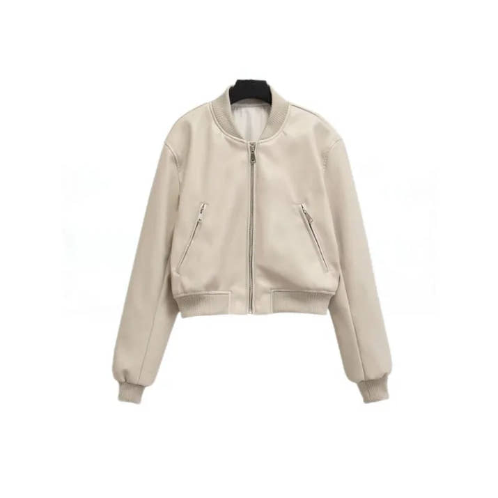 ZBZA Women's PU Leather Jacket Coat Solid Long Sleeves Crew Neck Zipper Pocket Bomber Short Outerwear Fall Winter New Female Top