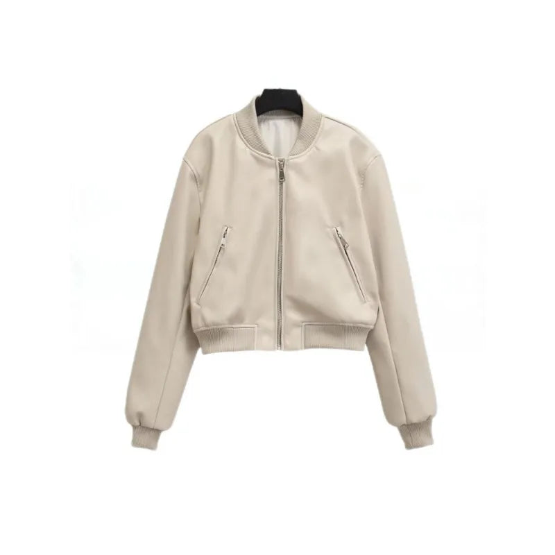 ZBZA Women's PU Leather Jacket Coat Solid Long Sleeves Crew Neck Zipper Pocket Bomber Short Outerwear Fall Winter New Female Top