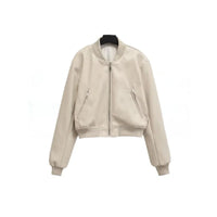 ZBZA Women's PU Leather Jacket Coat Solid Long Sleeves Crew Neck Zipper Pocket Bomber Short Outerwear Fall Winter New Female Top