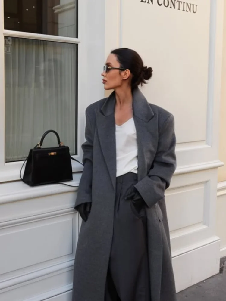 Office Women's Woolen Long Coat Turn-down Collar Long Sleeve Single Button Mid-length Outerwear 2025 Autumn New Lady Overcoats