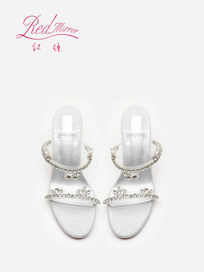 Transparent flat strap sandals for women's summer wear, 2025 new silver rhinestone fairy style queen girl slim heel sandals