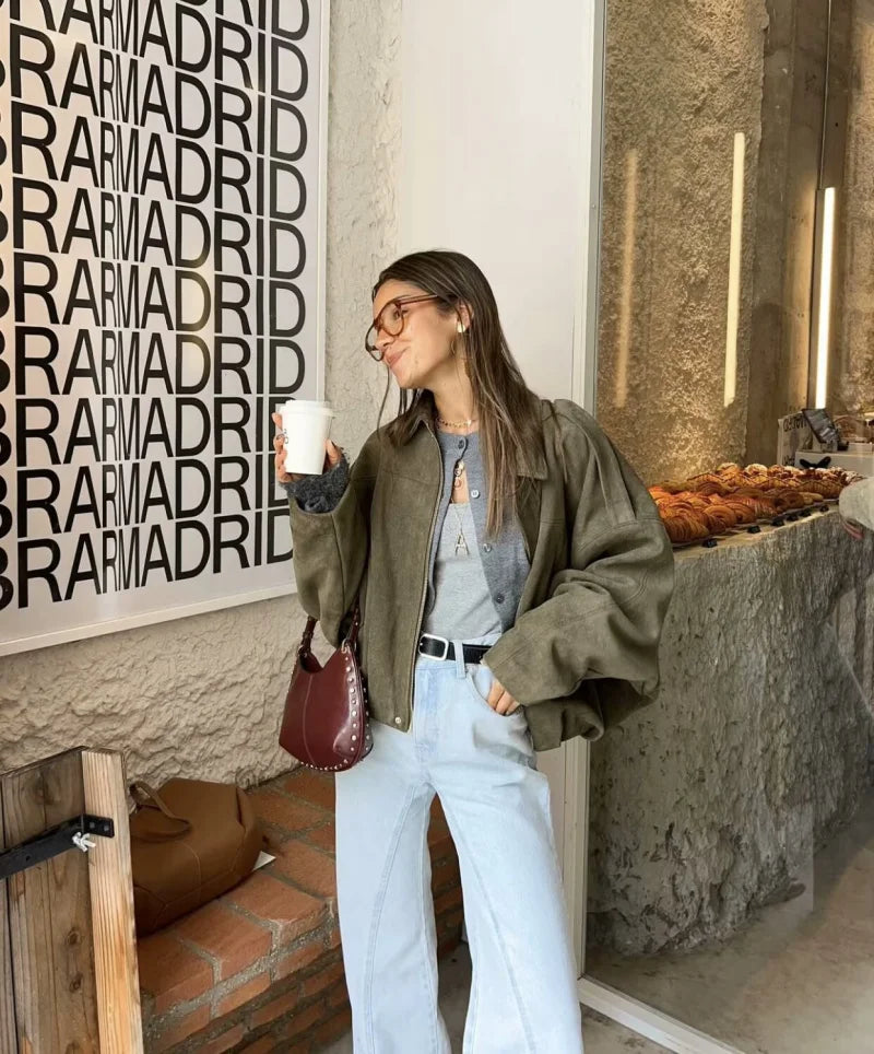 ETJ 2025   new women's suede texture effect Loose version of fashion lapel shoulder bomber jacket