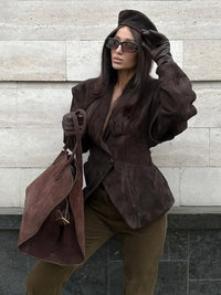 Retro Solid Leather Lapel Jackets Women's Fashion Shoulder Pad Full Sleeve One Button Pocket Coat Autumn New High Street Outwear