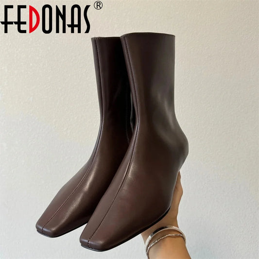 FEDONAS 2025 New Genuine Leather Ankle Boots For Women Kitten High Heels Pumps Leather Elegant Fashion Street Short Boots Shoes