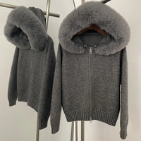 OFTBUY Hooded Oversized Cardigan Women 2025 Autumn Faux Fur Sweater Female Solid Fake Fur Knitting Coat Fashion Loose Knitwear