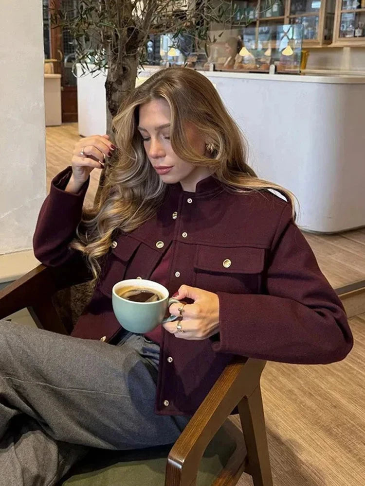 Vintage Wine Red Single Breasted Woolen Jackets Women Elegant Long Sleeve With Pockets Coat Autumn Winter Office Lady Outerwear