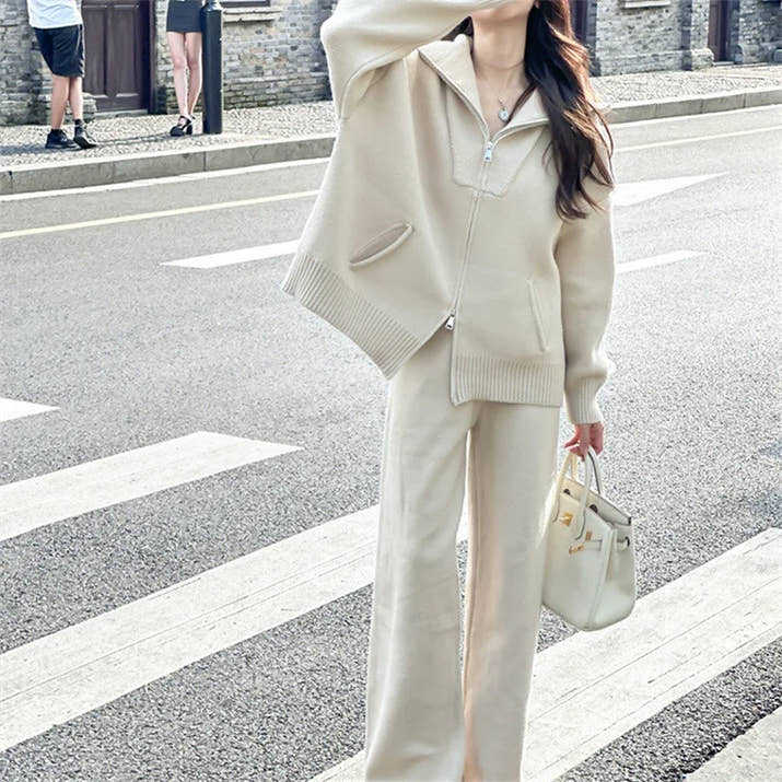 Spring Autumn Fashion Casual Loose Two Piece Set Knitted Zipper Long Sleeve Warm Cardigan Coat+Wide Leg Pants Suit Women Outfit