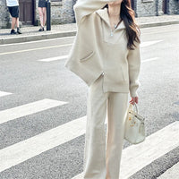 Spring Autumn Fashion Casual Loose Two Piece Set Knitted Zipper Long Sleeve Warm Cardigan Coat+Wide Leg Pants Suit Women Outfit