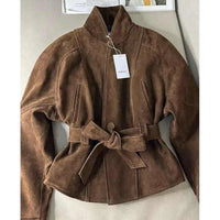 Women's Clothing Coffee Brown Suede Velvet Fitted Waist Short Jacket Korean Style Light Mature Style Windproof Trench Coat