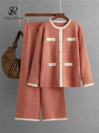 SINGREINY Winter Home Wear Sweater Sets Fashion Loose Long Pullovers+Elastic Long Pants High Quality Knitted Two Pieces Suits