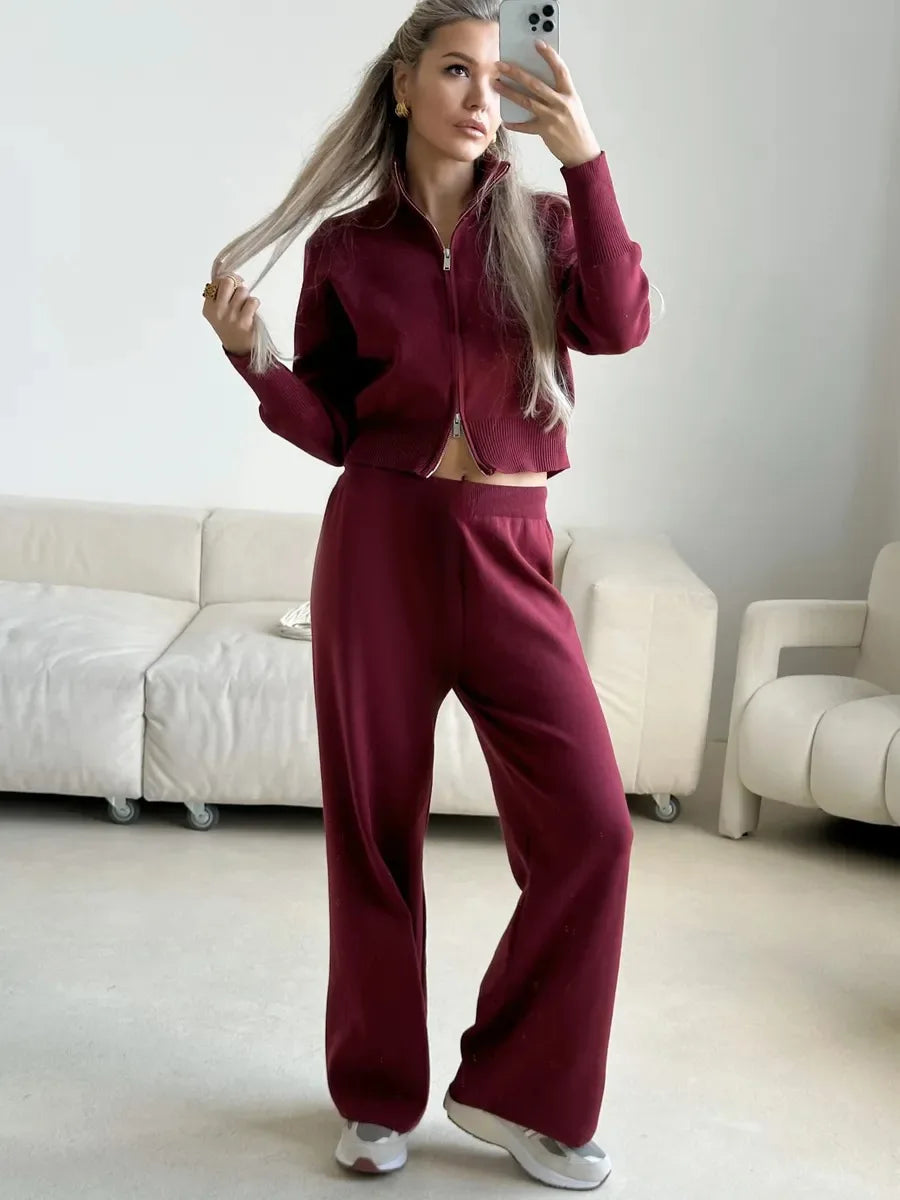 Two Piece Set Women Knitted Tracksuits Elegant Zipper Long Sleeve Sweater+High Waist Cotton Pants 2025 Fall Winter Clothes