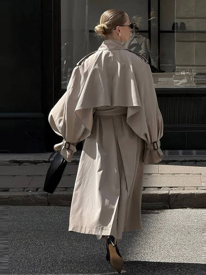 Elegant Lapel Long Windbreakers Women Patchwork Double Breasted Lace Up Oversize Trench Coat 2025 Autumn Street Lady Outerwears