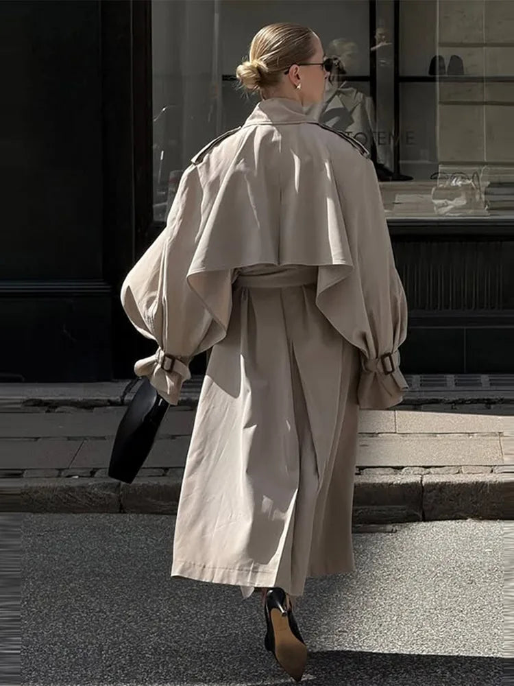 Elegant Lapel Long Windbreakers Women Patchwork Double Breasted Lace Up Oversize Trench Coat 2025 Autumn Street Lady Outerwears
