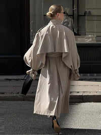 Elegant Lapel Long Windbreakers Women Patchwork Double Breasted Lace Up Oversize Trench Coat 2025 Autumn Street Lady Outerwears