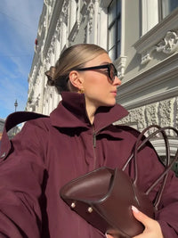 Burgundy Red Zipper Bomber Jacket Women Fashion Stand Collar Long Sleeve Pocket Short Coat Autumn Lady Daily Street Outerwear