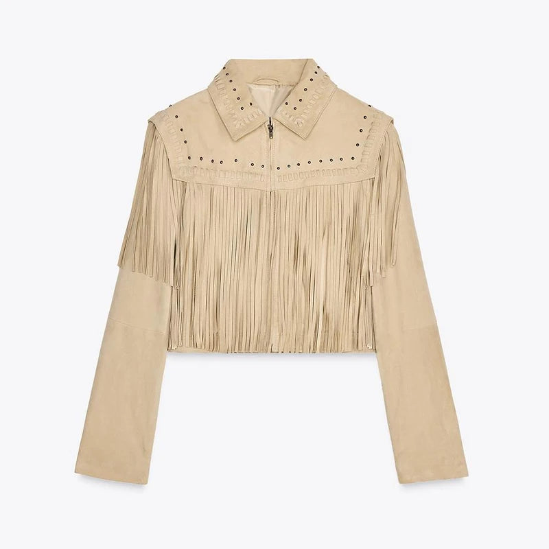 Designer Tassel Beading Jacket Women Vintage Turn-down Collar Long Sleeve Zipper High Street Coats 2025 Fashion Ladies Outerwear