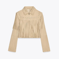 Designer Tassel Beading Jacket Women Vintage Turn-down Collar Long Sleeve Zipper High Street Coats 2025 Fashion Ladies Outerwear