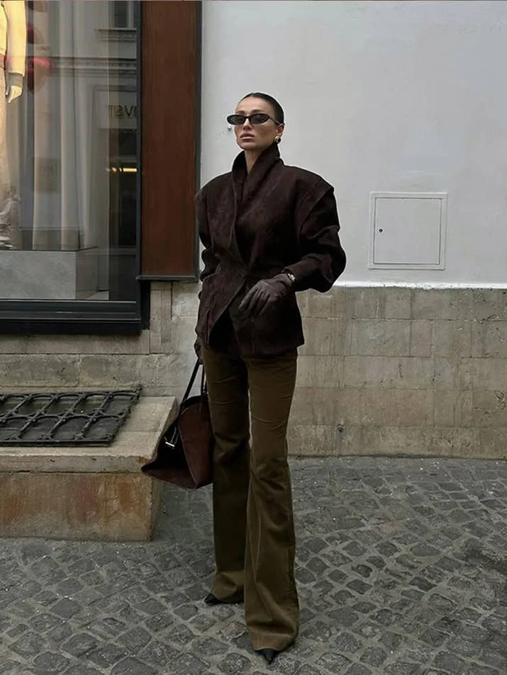 Retro Solid Leather Lapel Jackets Women's Fashion Shoulder Pad Full Sleeve One Button Pocket Coat Autumn New High Street Outwear