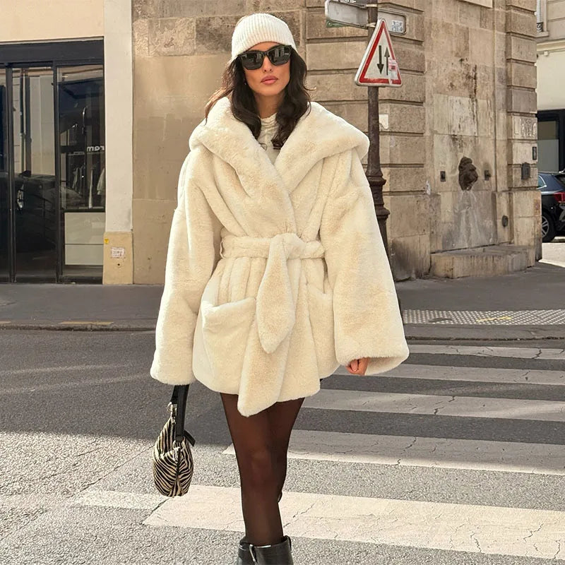 Hooded Lace Up Faux Fur Coats Women Luxury Long Sleeve Slim Solid Autumn Winter Coat New Bomber Jacket Fashion Ladies Outerwears