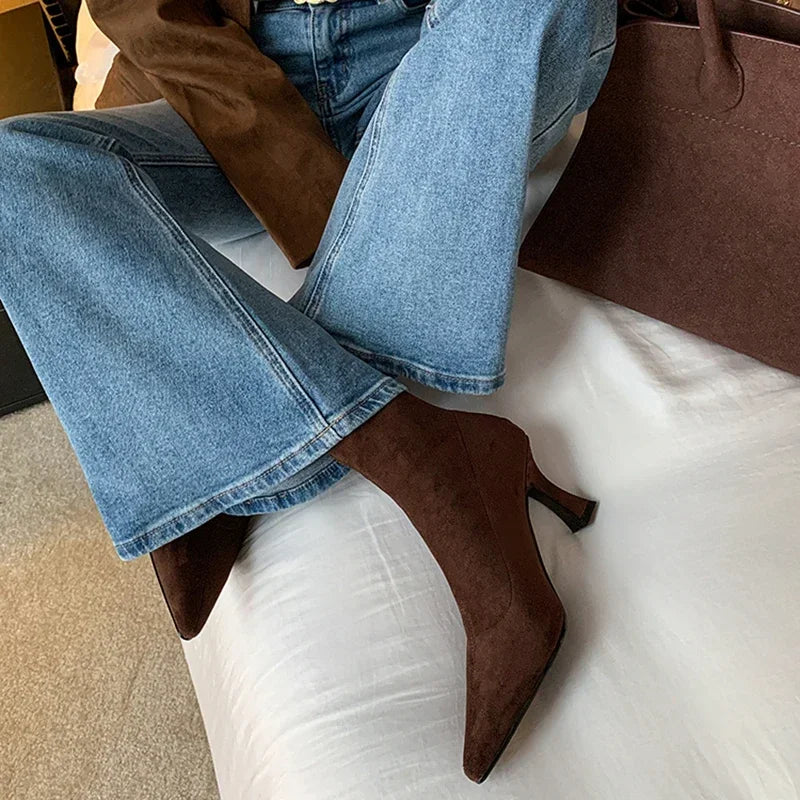 Vintage Women Ankle Boots Fashion Pointed Toe Shoes Autumn Winter High Heel Ladies Elegant Stretch Slim Short Booties