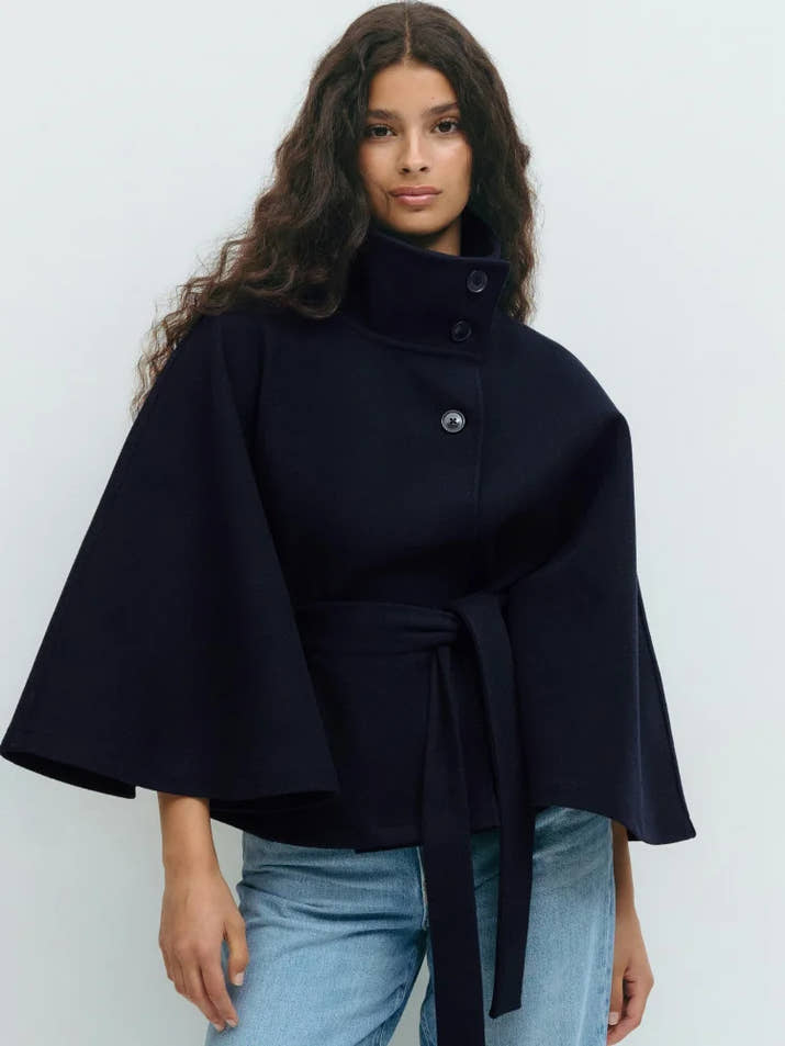 Fashion Solid Stand Collar Short Jacket Women Elegant Flared Sleeve  Buttoned Lace Up Coats 2025 Autumn Lady Office Street Wear