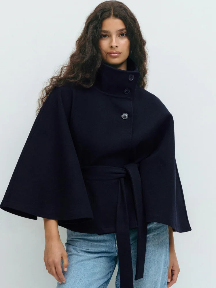 Fashion Solid Stand Collar Short Jacket Women Elegant Flared Sleeve  Buttoned Lace Up Coats 2025 Autumn Lady Office Street Wear